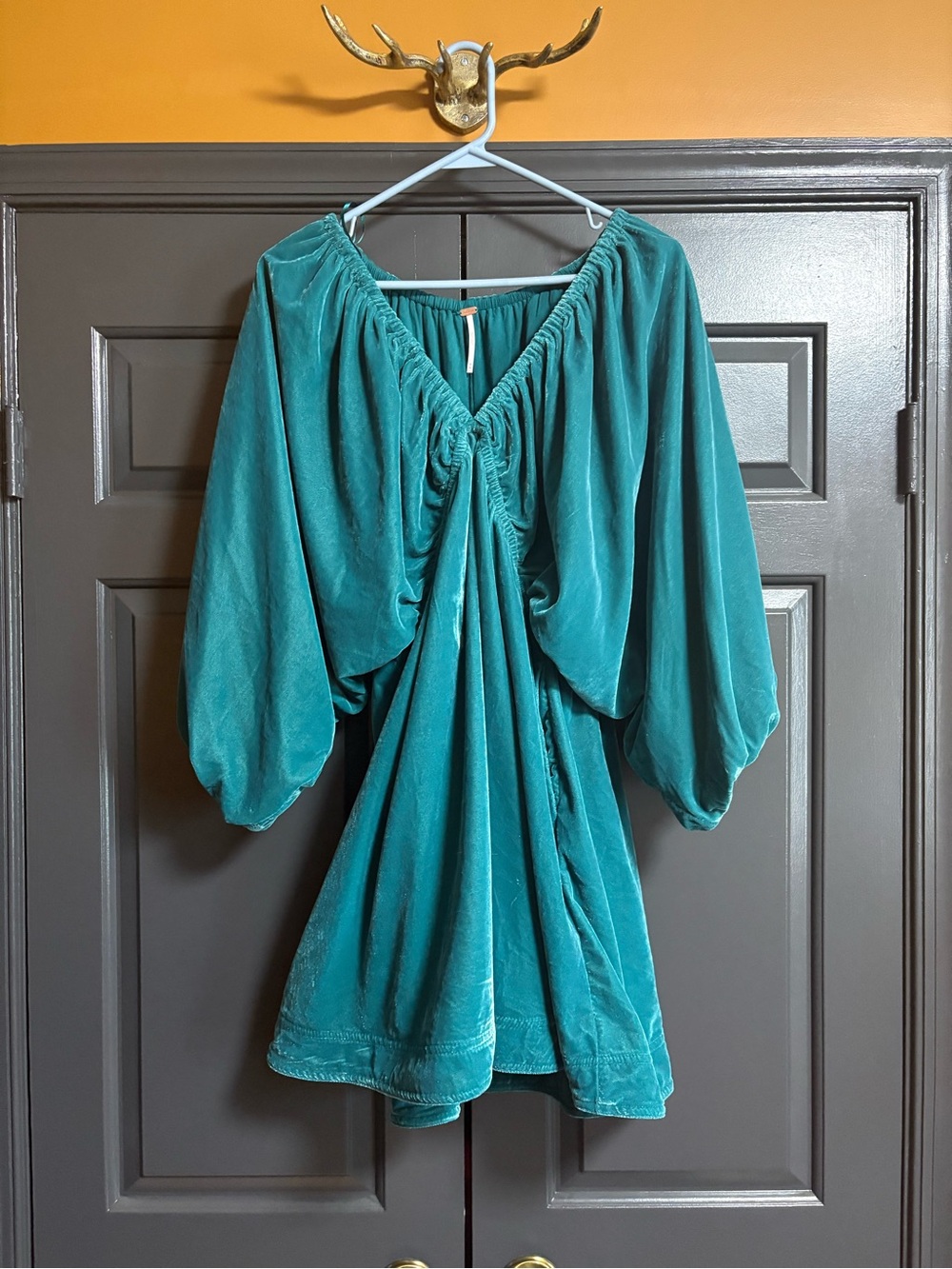 Free People Teal Velvet Gathered V-Neck Mini Dress